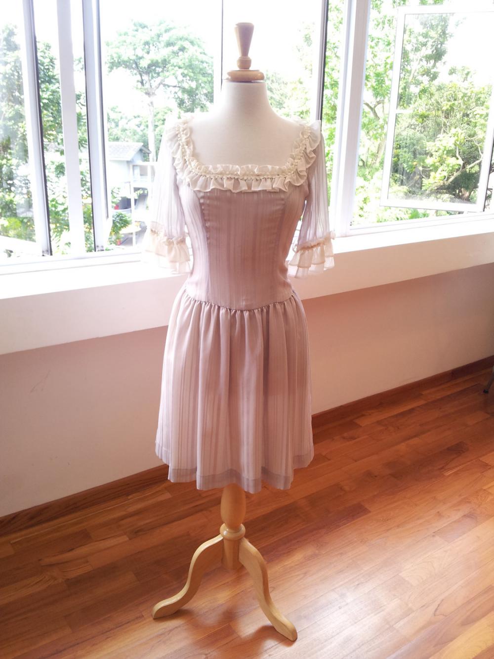 Marie Antoinette Dress - Romantic, Grey Dress With Lace And Silk Chiffon Trimming
